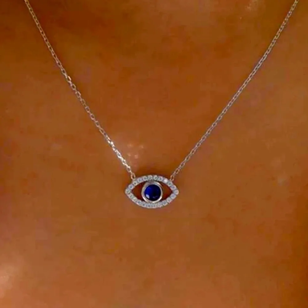 Silver Rhinestone Eye Necklace Blue Dainty Cute Gift Minimalist Luck Cute Boho - Picture 1 of 3